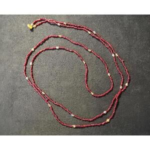 Delicate Red Seed Bead Lariat Wrap Necklace with Gold Accents